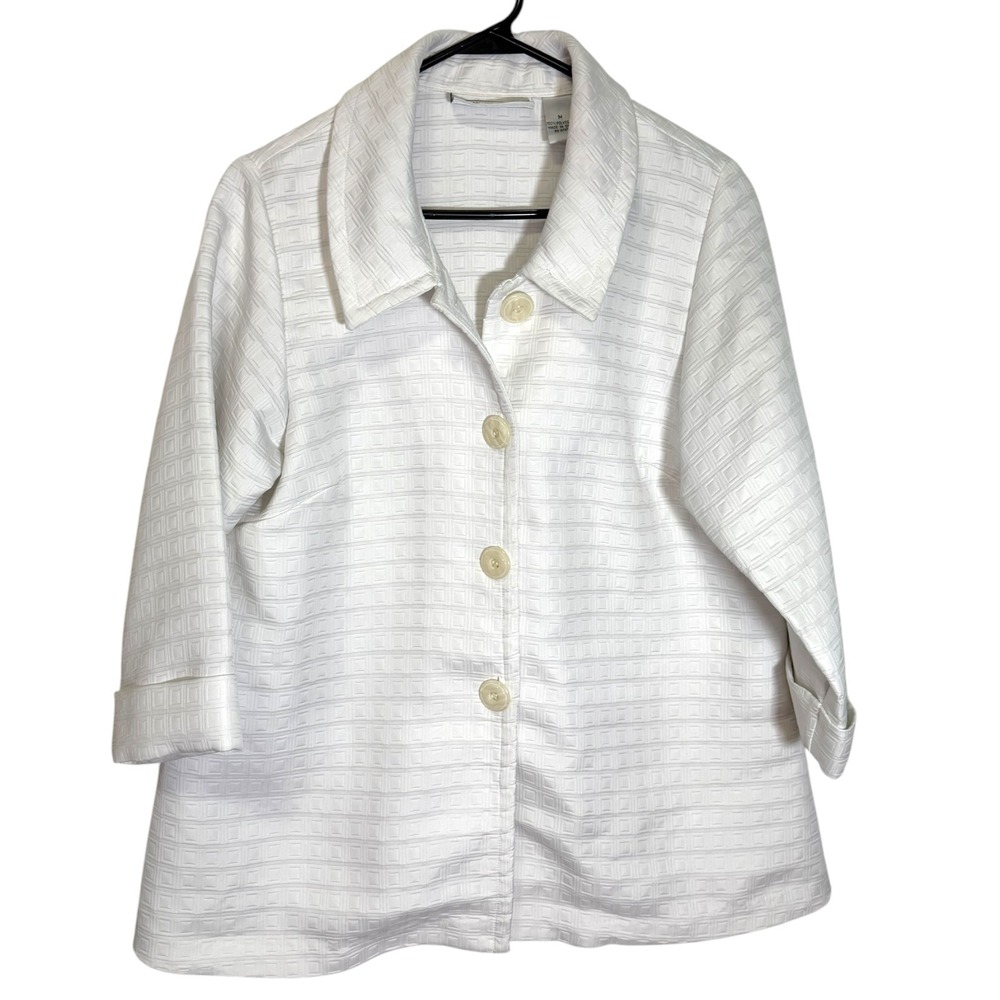 Simonton Says M White Jacket Textured Geometric Button Front 3/4 Sleeve Mod Chic